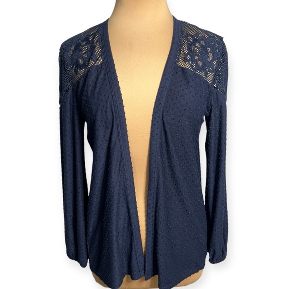 Maurices Navy Lace Yoke Swiss Dot Open Front Cardigan Size Small - Picture 2 of 6